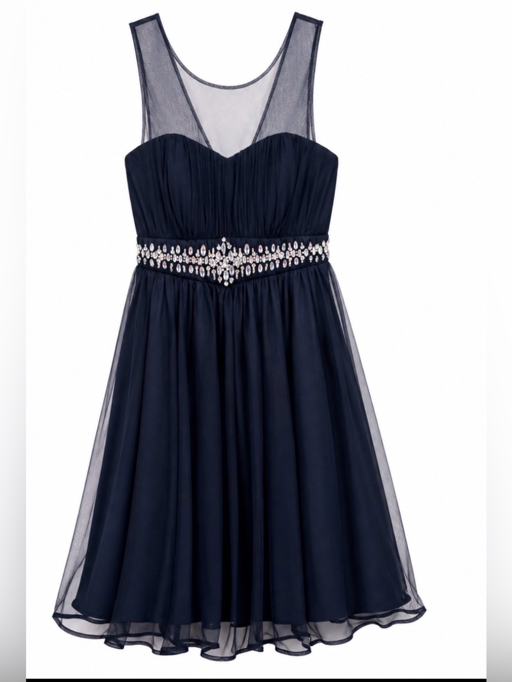 My Michelle Navy Blue Cocktail Dress Jeweled Rhinestone Illusion Formal Party